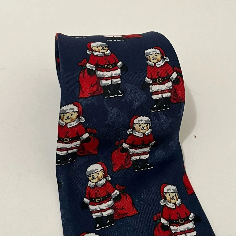 Sette & Bello Navy Blue Red Teddy Bear Santa Polyester Mens Neck Tie Christmas